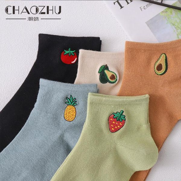 

socks & hosiery chaozhu japanese kawaii fruits stawberry avocado pineapple ankle nice embroidery spring summer 2021 fashion women sock, Black;white