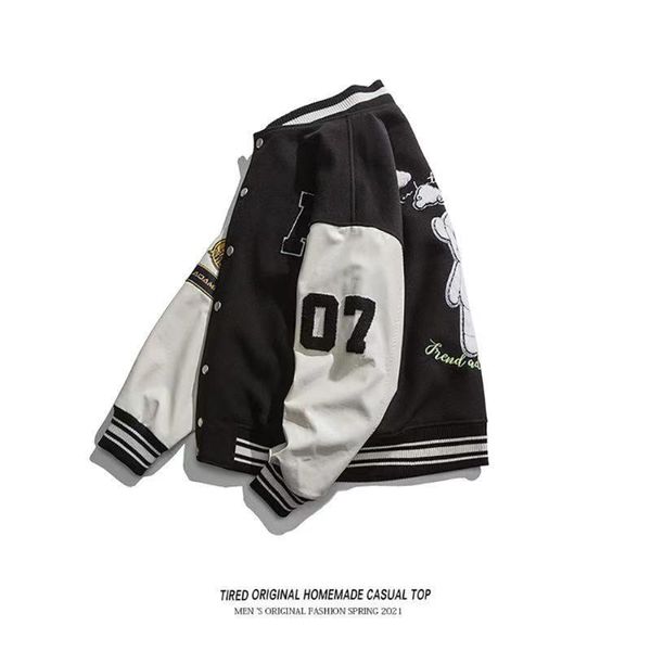 

men's jackets 2021 american fashion baseball jacket cute bear patch text printing brand mens clothing autumn winter varsity bomber coat, Black;brown