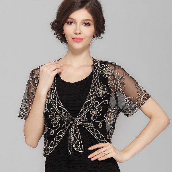 

women's sweaters summer crochet lace mesh shrug bolero women v collar short sleeve embroidery flower see-through vintage cardigan shawl, White;black