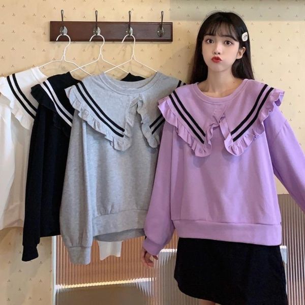 

women's hoodies & sweatshirts autumn japanese women tender sweet doll collar waveselvedge long sleeve pullover teen girl sweatshirt stu, Black
