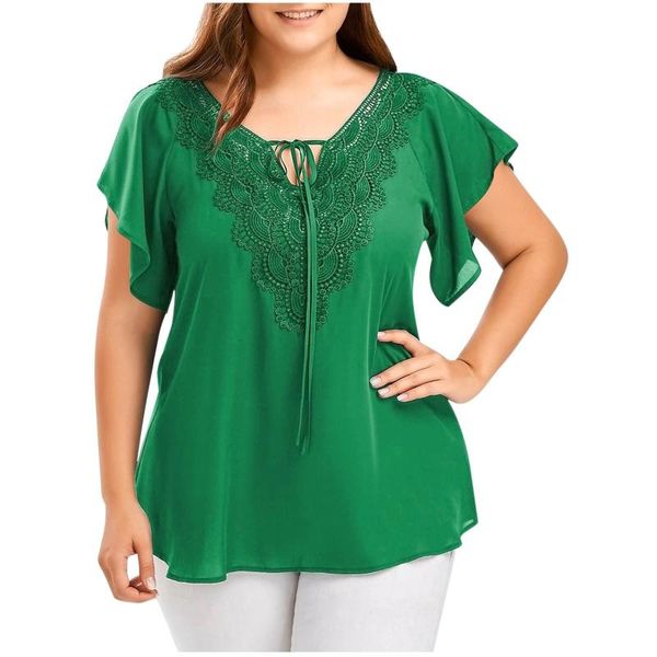 

women's t-shirt summer women chiffon t-shirts elegant v neck lace flare short sleeve tunic casual loose blue shirts female 5xl plus si, White