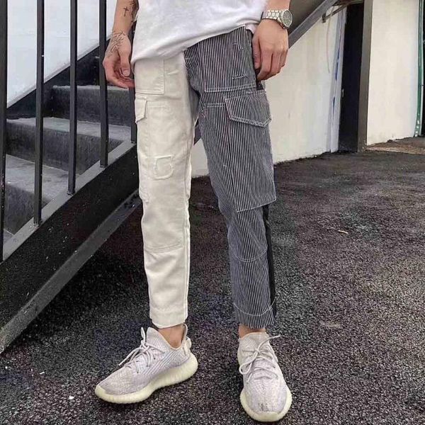 

men's pants patchwork contrast block stripe ankle-length pocket men cargo pant streetwear trouser, Black