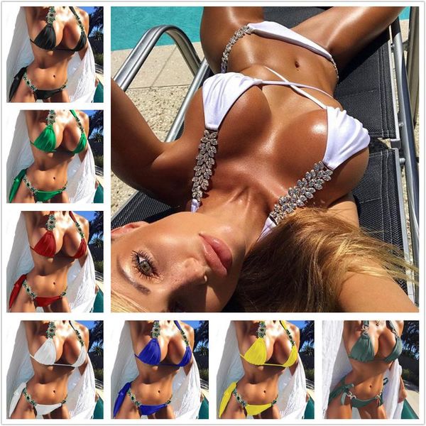 

ornaments swimwear women bikini set bathing suit push up green stones straps swimsuit women's, White;black