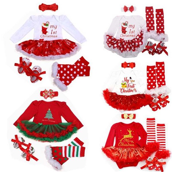 Baby Girl Roupas Meu primeiro Natal nascido Natal Rena Rena Tutu Romper Lace Dress Sapatos 4 pcs Conjunto de roupas 211011