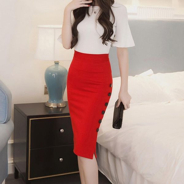 

pencil high waisted button women skirts split office multiple size, Black