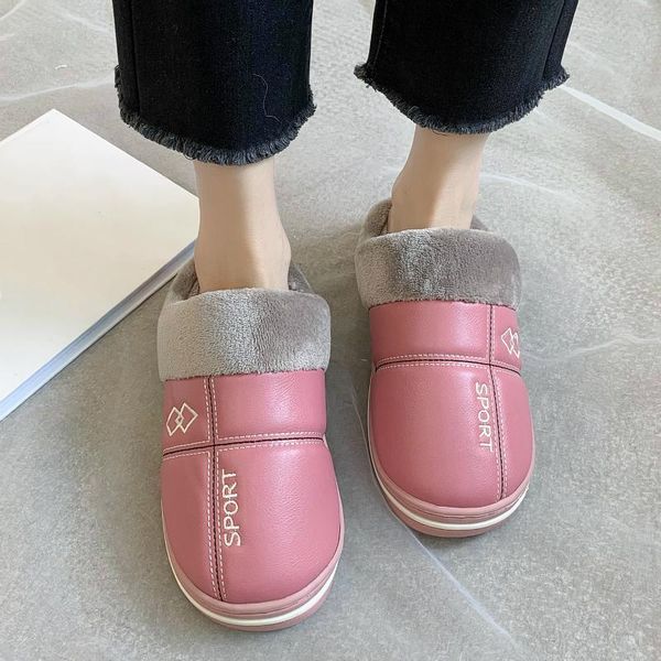 

winter shoes woman house slippers pu warm flat female slip on home furry ladies 2021, Black