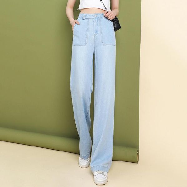 

women's jeans 2021 summer casual high waist tencel women wide leg loose light blue large size mopping trousers