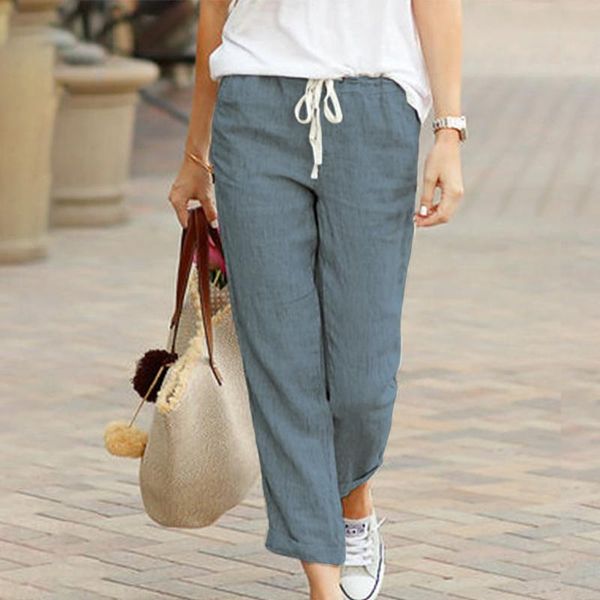 

women's pants & capris cotton linen big pocket thin solid elastic waist pant for women 2021 summer straight white homewear trousers, Black;white