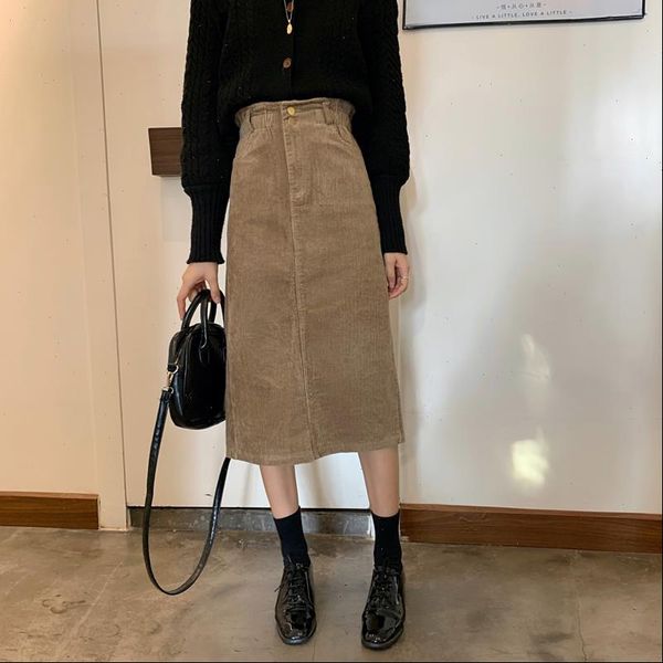 

skirt womens autumn winter corduroy split skirts elegant korean style pocket high waist long femme gd398, Black
