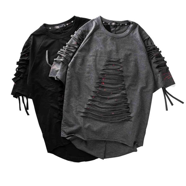

2 colors mens t shirts o-neck streetwear hip-hop hole short-sleeved t-shirt loose summer casual clothes m-xxl, White;black