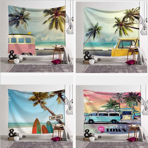 Ônibus palmeira praia tapeçaria fina poliéster oceano parede picnic piquenique tapete tapete de piquenique theme el quarto decorar home room decor 210609