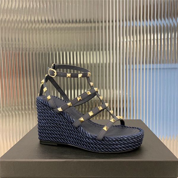 

elegant ladies rocks stud wedges sandals with rivet ankle strap platform summer straw shoes women high heels party wedding dress, Black