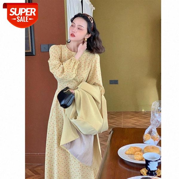 

french retro female chiffon floral dress with waist and thin temperament long sleeve mid-length skirt on behalf of hair #ik8c, White;black