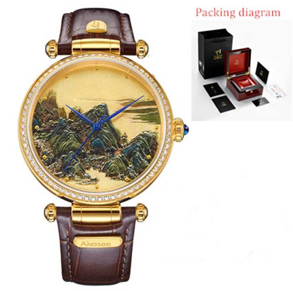 

wristwatches 2021 luxury retro men watch automatic mechanical jade bezel male clock relief famous painting creative business gift, Slivery;brown