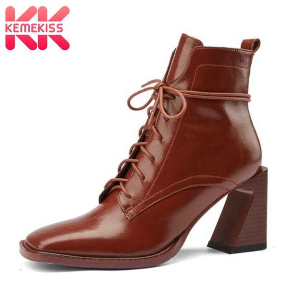 

boots kemekiss real leather women ankle thick high heel cross strap zipper shoes square toe warm party footwear size 33-40, Black