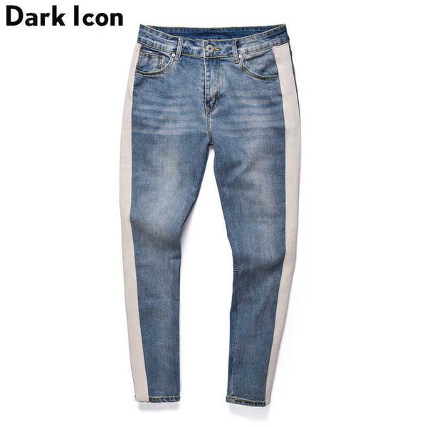 

white stripe on side high street jeans men fashion men's denim pants cotton black blue 210603