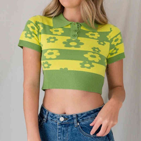 T-shirt in maglia Y2k con stampa floreale estiva kawaii per ragazze con manica corta femminile colletto rovesciato maglietta verde crop top 210415