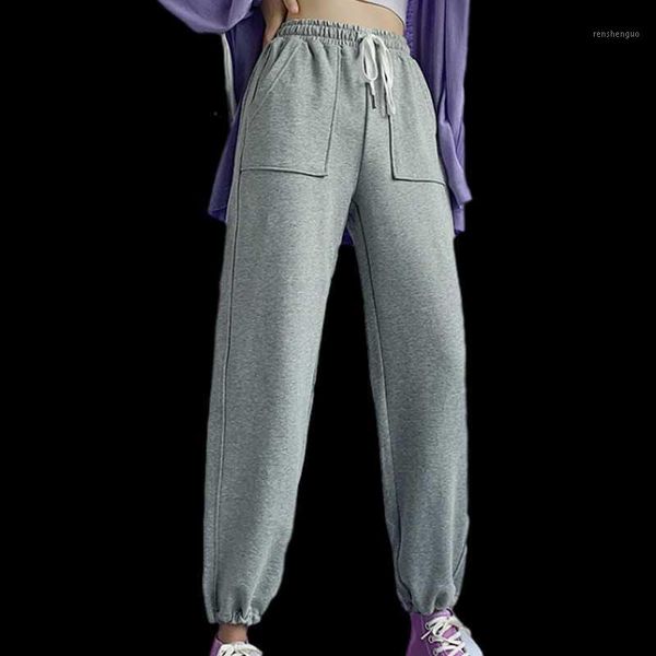 

solid pants women 2021 spring elastic high waist ladies trousers pocket loose casual beam feet femme autumn women's & capris, Black;white