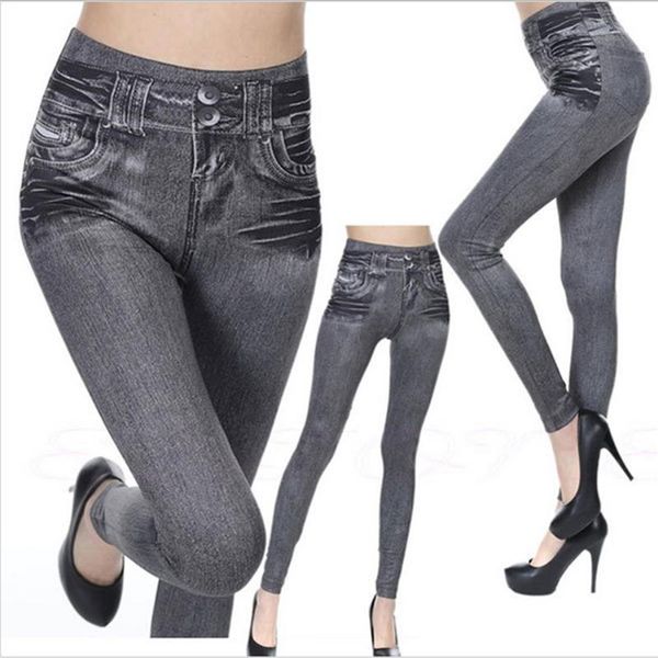 

women's leggings slim women plush lined winter faux denim jeans 2 real pockets fashion fitness high waist pencil pants, Black