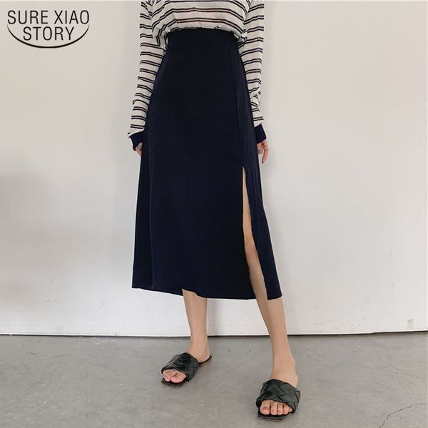 

korean black slim a-line high waist midi skirts autumn side split stitching women's skirt jupe femme 10631 210508