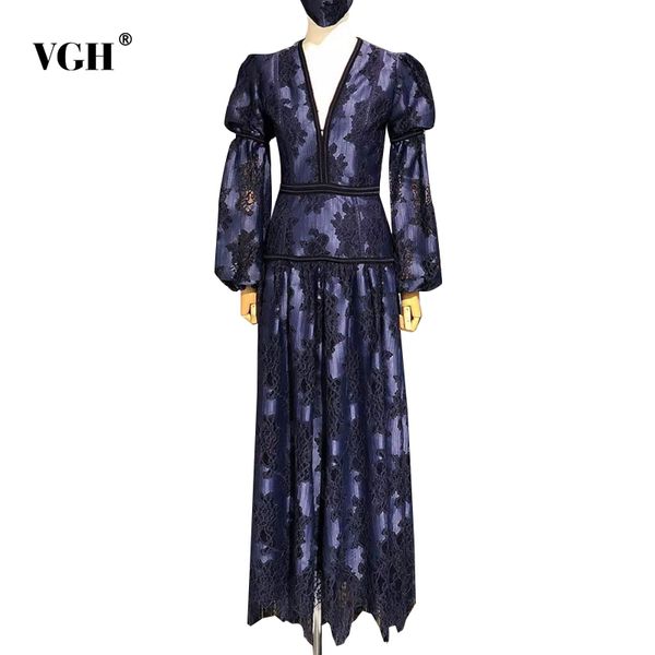 

vgh blue dress for women v neck lantern long sleeve high waist patchwork lace designer vintage dresses female clothing tide 210421, Black;gray