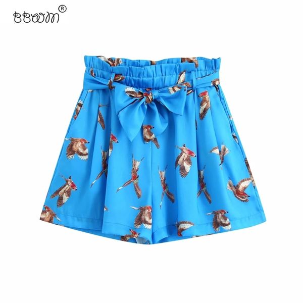 

women vintage chic birds printed bow sashes shorts fashion female side pockets short pants casual pantalones mujer 210531, White;black