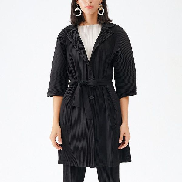

women's trench coats coat for women plus size 45-75kg 2021 spring autumn turn down collar single breasted loose belted miyake pleated c, Tan;black