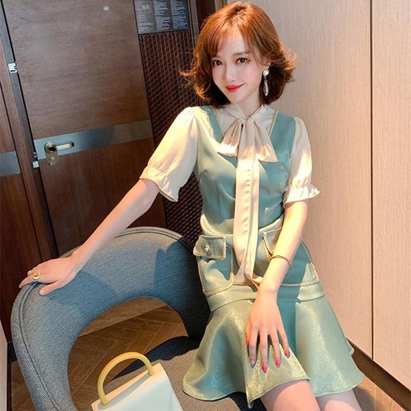 

casual dresses awarose fashion office silky fake two-piece lace-up collar pocket women summer short sleeve patchwork mini dress clothes, Black;gray