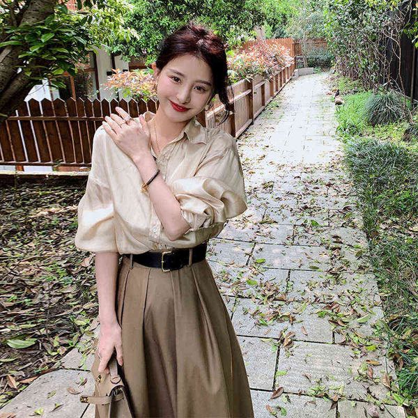

casual dresses 2022 french shirt women's early autumn two-piece set dign feeling umbrella skirt covering the hip and showing thin a-sha, Black;gray