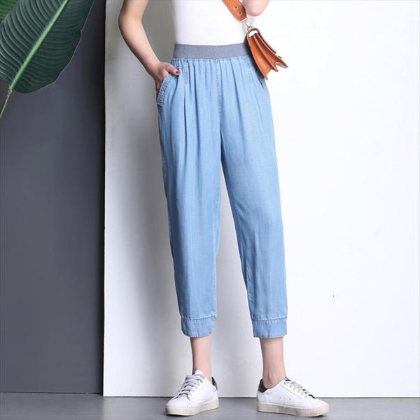 

high waist loose pencil casual womens pant jeans ankle length summer thin trousers solid pocket, Black;white
