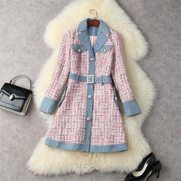 

casual dresses brand denim patchwork tweed dress fall clothes women 2021 single breasted long sleeve notched collar a-line vintage pink, Black;gray
