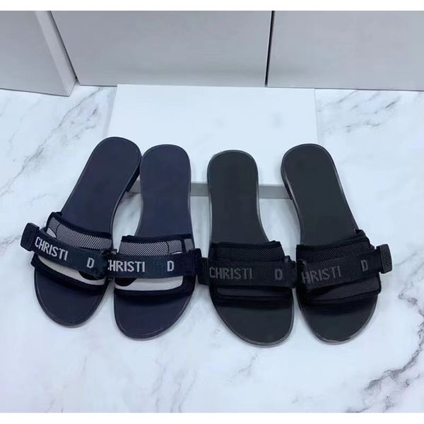 

2021 summer new fashion family letter embroidery velcro flat bottom antiskid one word casual slippers, Black
