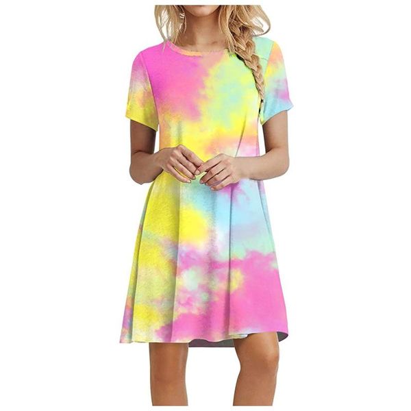 

casual dresses plus size tie dye dress short sleeve summer gradient color print mini women loose vestidos de mujer, Black;gray
