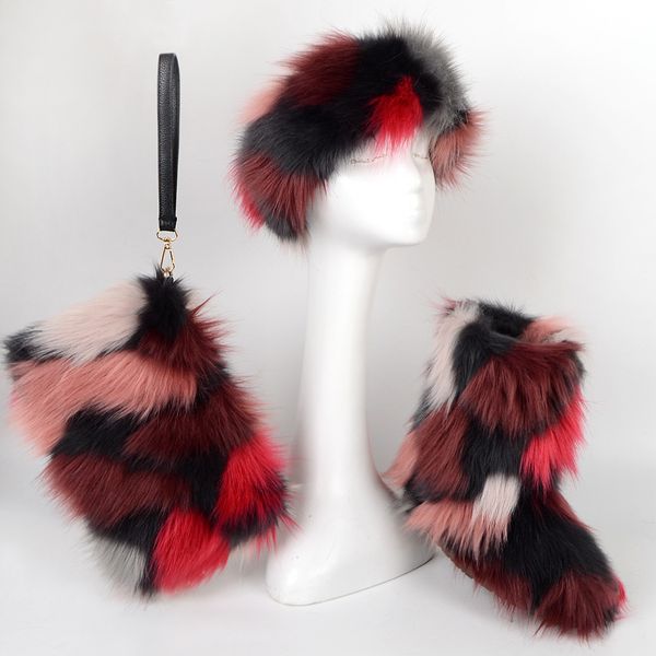 

wholesale price multi color faux snow fur boots for kids with headgear purse