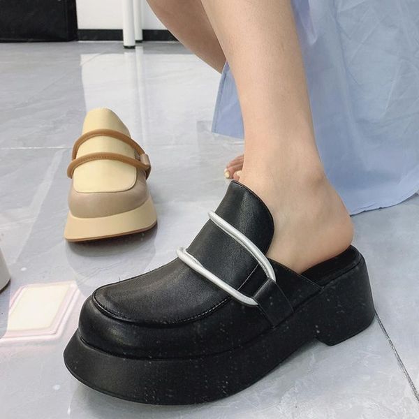 

slippers lucyever 2021 round toe platform mules women vintage chunky heels shoes woman outdoor slip on casual sandals female, Black