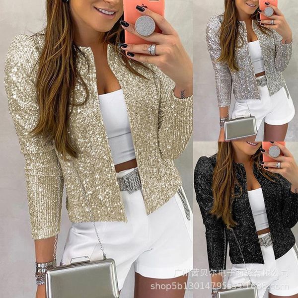 

women's jackets 2021 fashion sequined jacket, short long sleeves, elegant, spring, outdoor, office, Black;brown