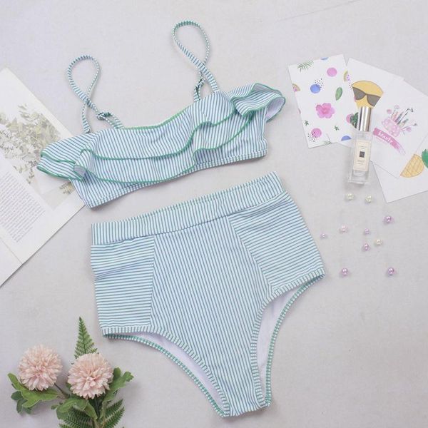 

one-piece suits lotus leaf bikini chest striped swimsuit swimwear women