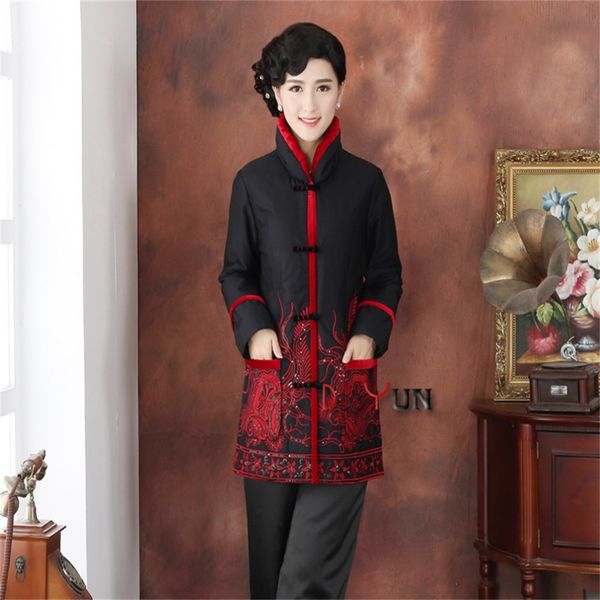 

black chinese tradition middle-aged womens long sleeve wadded jacket embroidery sequins tang suit outerwearm l xl xxl 3xl 4xl, Red