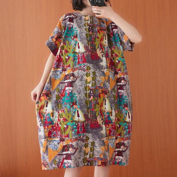 

women cotton linen casual dress new summer indie folk style vintage print loose comfortable female long dresses s3606 210412, Black;gray