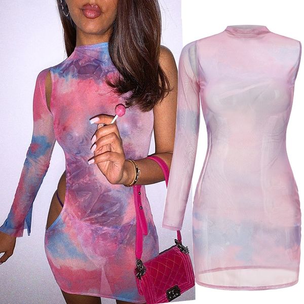 

pink tie dyed mesh skirt miniskirt perspective split diagonal shoulder single sleeve dress nightclub skirt, Black;red