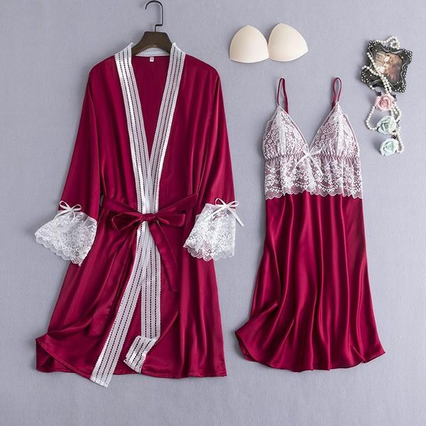 

burgundy lace bow trim kimono robe gown suit lady v-neck backless nightdress spring summer satin sleepwear casual bathrobe women's, Black;red