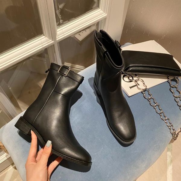 

boots winter lady brand women's shoes round toe boots-women fashion mid-calf leather low rubber autumn mid calf rock 9suj, Black