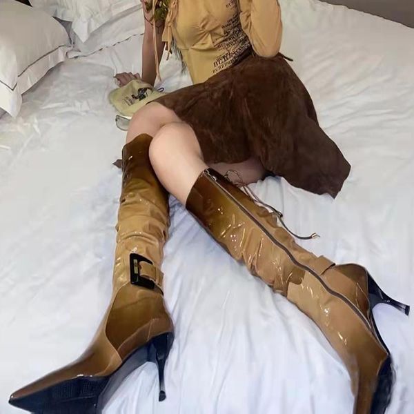 

boots fashion women's knee high modern shoes brown pointed toe heels v4, Black
