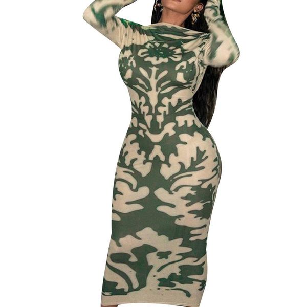 

casual dresses 2021 women printed backless long dress sleeve o-neck high waist for spring fall, Black;gray