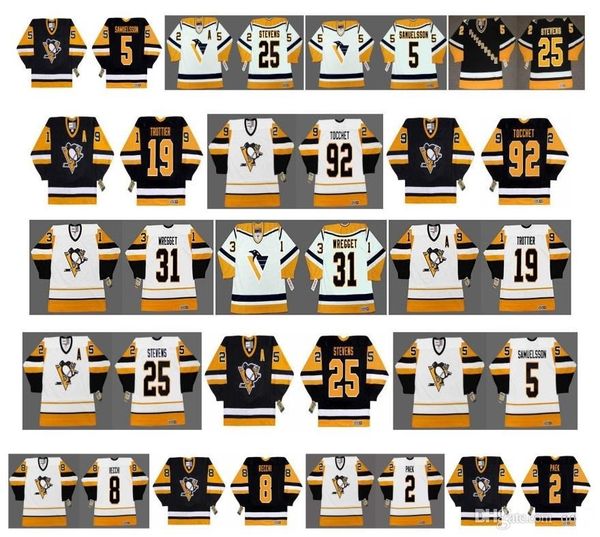 

Vintage Pittsburgh Penguins Jerseys 2 JIM PAEK 31 KEN WREGGET 19 Bryan Trottier 92 TOCCHET 25 KEVEN STEVENS 5 Samuelsson 8 Recchi Hockey, Colour 1