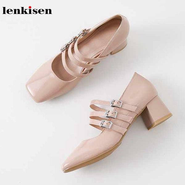 

lenkisen fashion sweet princess style genuine leather square toe buckle straps high heels gentle chunky autumn women pumps lwf8 dress shoes, Black