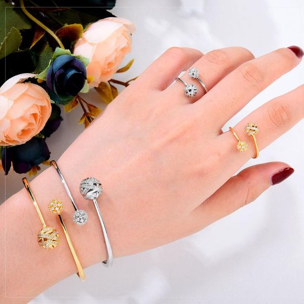 

earrings & necklace godki trendy luxury hollow ball statement bangle cuff ring set jewelry for women wedding cubic zirconia dubai party brac, Silver