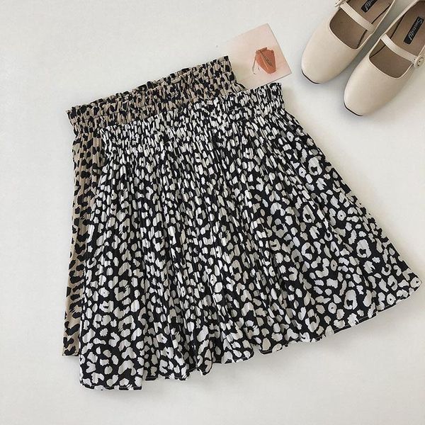 

women summer mini skirt fashion 2021 girls high waist vintage leopard floral print chiffon pleated shorts skirts beach wear, Black