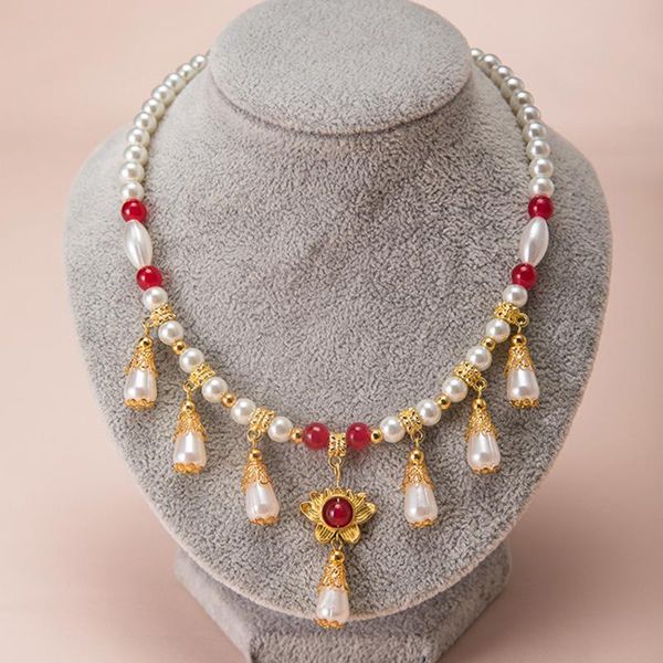 

chains hanfu costume collar retro pearl flow beads feng necklace women man gift, Silver