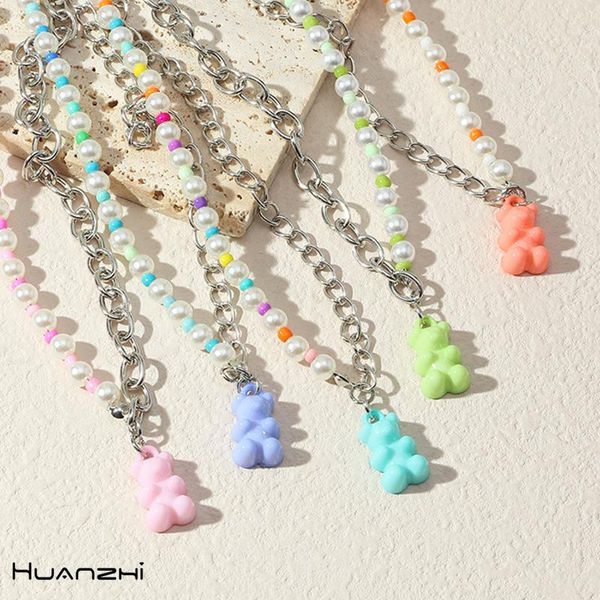 

pendant necklaces huanzhi 2021 pearl resin rice beads cute bear charm necklace metal splicing asymmetry for women girls jewelry gifts, Silver